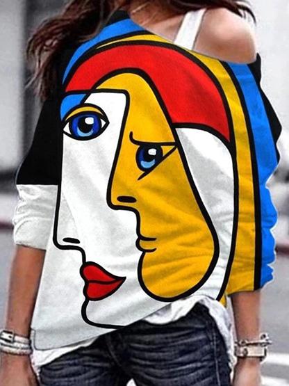Women's T-Shirts Abstract Color Face Print Off-Shoulder T-Shirt - T-Shirts - INS | Online Fashion Free Shipping Clothing, Dresses, Tops, Shoes - 10-20 - 10/09/2021 - Category_T-Shirts