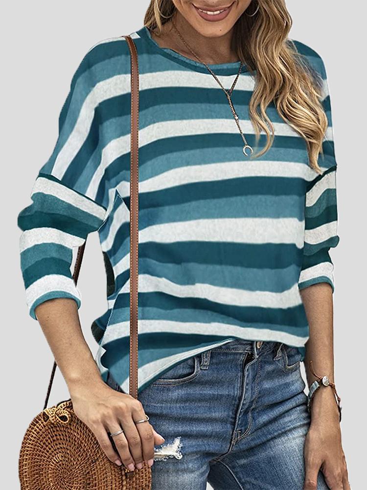 Women's T-Shirts Color Striped Round Neck Long Sleeve Split T-shirt - T-Shirts - INS | Online Fashion Free Shipping Clothing, Dresses, Tops, Shoes - 20-30 - 26/10/2021 - color-black