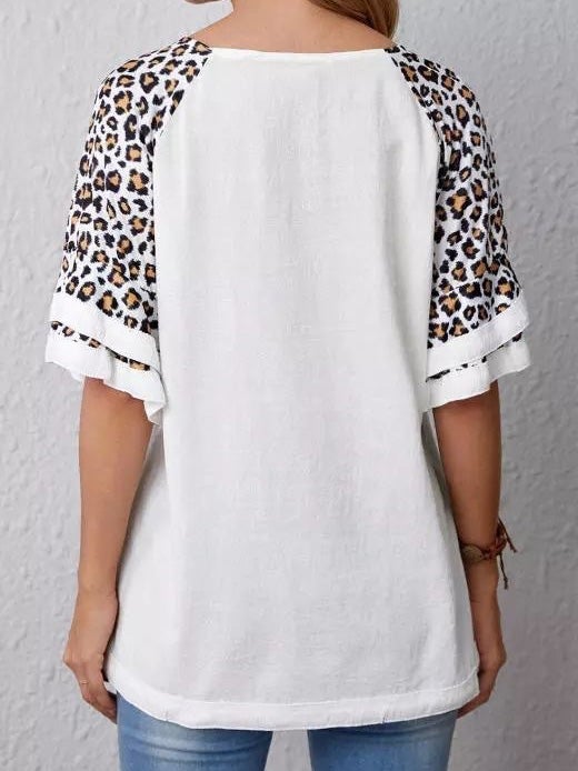 Women's T-Shirts Crew Neck Leopard Panel Short Sleeve T-Shirt - T-Shirts - Instastyled | Online Fashion Free Shipping Clothing, Dresses, Tops, Shoes - 18/01/2022 - 20-30 - color-white