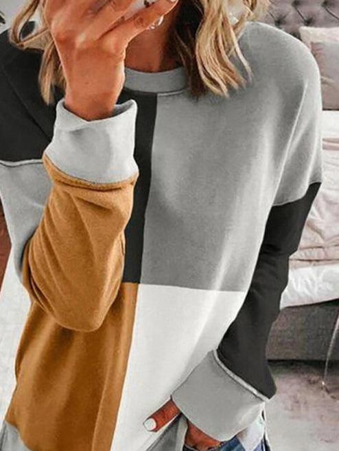 Women's T-Shirts Four Color Stitching Round Neck Long Sleeve T-Shirt - T-Shirts - Instastyled | Online Fashion Free Shipping Clothing, Dresses, Tops, Shoes - 03/12/2021 - 20-30 - color-brown