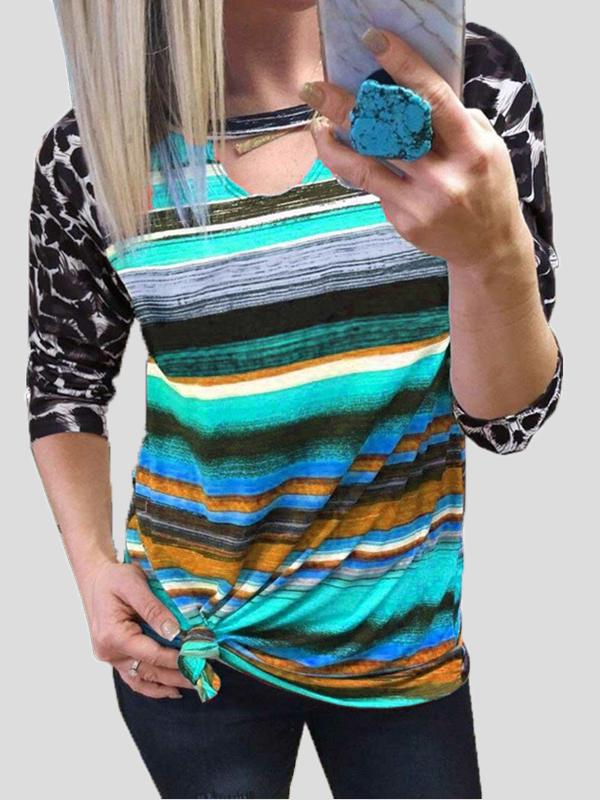 Women's T-Shirts Leopard Multicolor Stripes Colorblock Long Sleeve T-Shirt - T-Shirts - INS | Online Fashion Free Shipping Clothing, Dresses, Tops, Shoes - 10-20 - 11/10/2021 - color-green