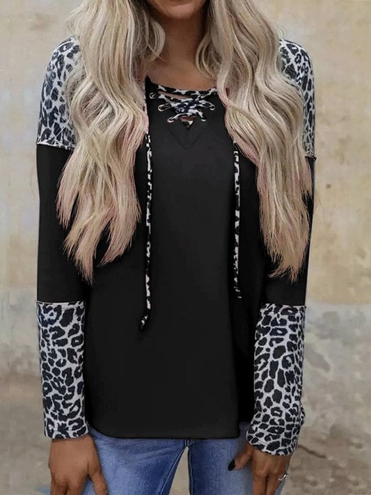 Women's T-Shirts Leopard Print Stitching Long Sleeve T-Shirt - T-Shirts - INS | Online Fashion Free Shipping Clothing, Dresses, Tops, Shoes - 09/10/2021 - 20-30 - color-black
