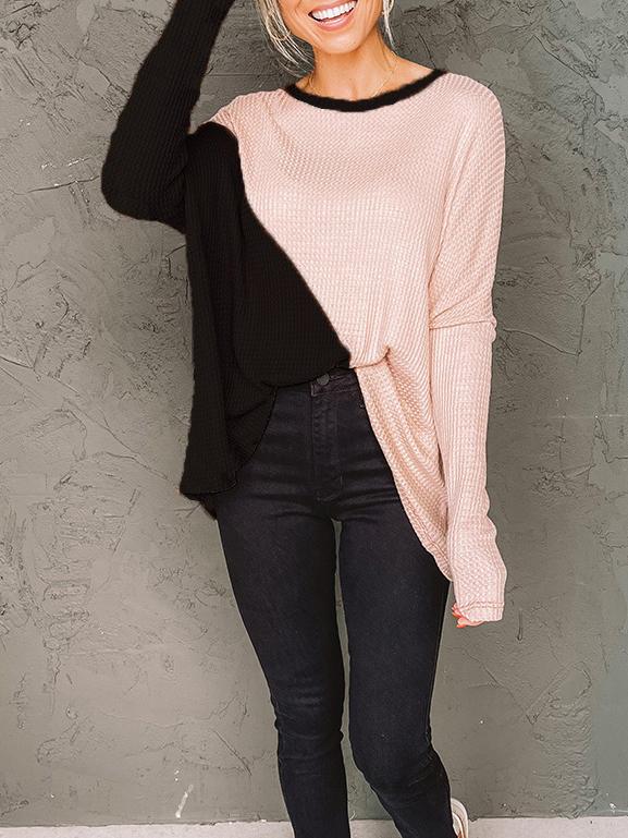 Women's T-Shirts Loose Color Matching Irregular Slit Long Sleeve T-Shirt - T-Shirts - INS | Online Fashion Free Shipping Clothing, Dresses, Tops, Shoes - 20-30 - 23/11/2021 - color-black