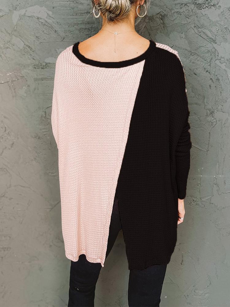 Women's T-Shirts Loose Color Matching Irregular Slit Long Sleeve T-Shirt - T-Shirts - INS | Online Fashion Free Shipping Clothing, Dresses, Tops, Shoes - 20-30 - 23/11/2021 - color-black