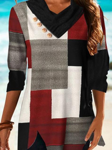 Women's T-Shirts Multicolor Checked V-Neck Long Sleeve T-Shirt - T-Shirts - INS | Online Fashion Free Shipping Clothing, Dresses, Tops, Shoes - 19/10/2021 - color-multi - color-multicolor