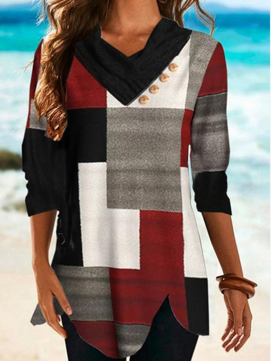 Women's T-Shirts Multicolor Checked V-Neck Long Sleeve T-Shirt - T-Shirts - INS | Online Fashion Free Shipping Clothing, Dresses, Tops, Shoes - 19/10/2021 - color-multi - color-multicolor