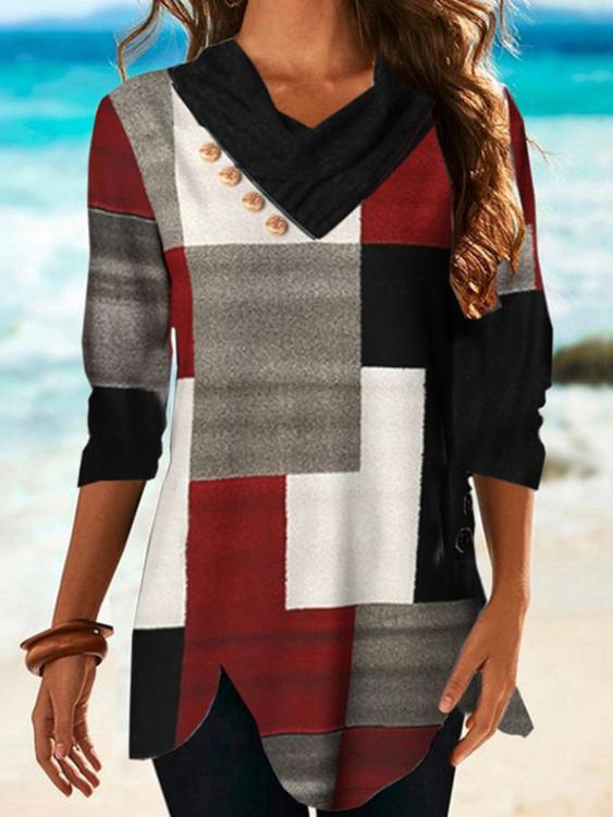 Women's T-Shirts Multicolor Checked V-Neck Long Sleeve T-Shirt - T-Shirts - INS | Online Fashion Free Shipping Clothing, Dresses, Tops, Shoes - 19/10/2021 - color-multi - color-multicolor