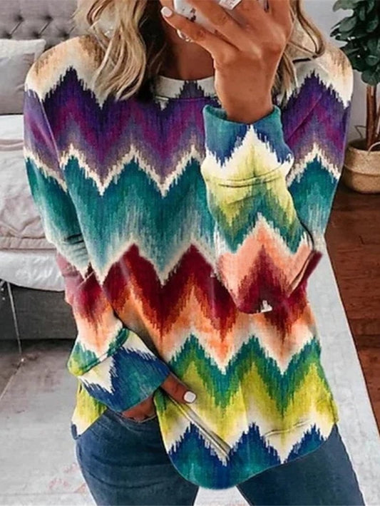 Women's T-Shirts Multicolor Printed Round Neck Long Sleeve T-Shirt - T-Shirts - INS | Online Fashion Free Shipping Clothing, Dresses, Tops, Shoes - 17/11/2021 - 20-30 - color-multi