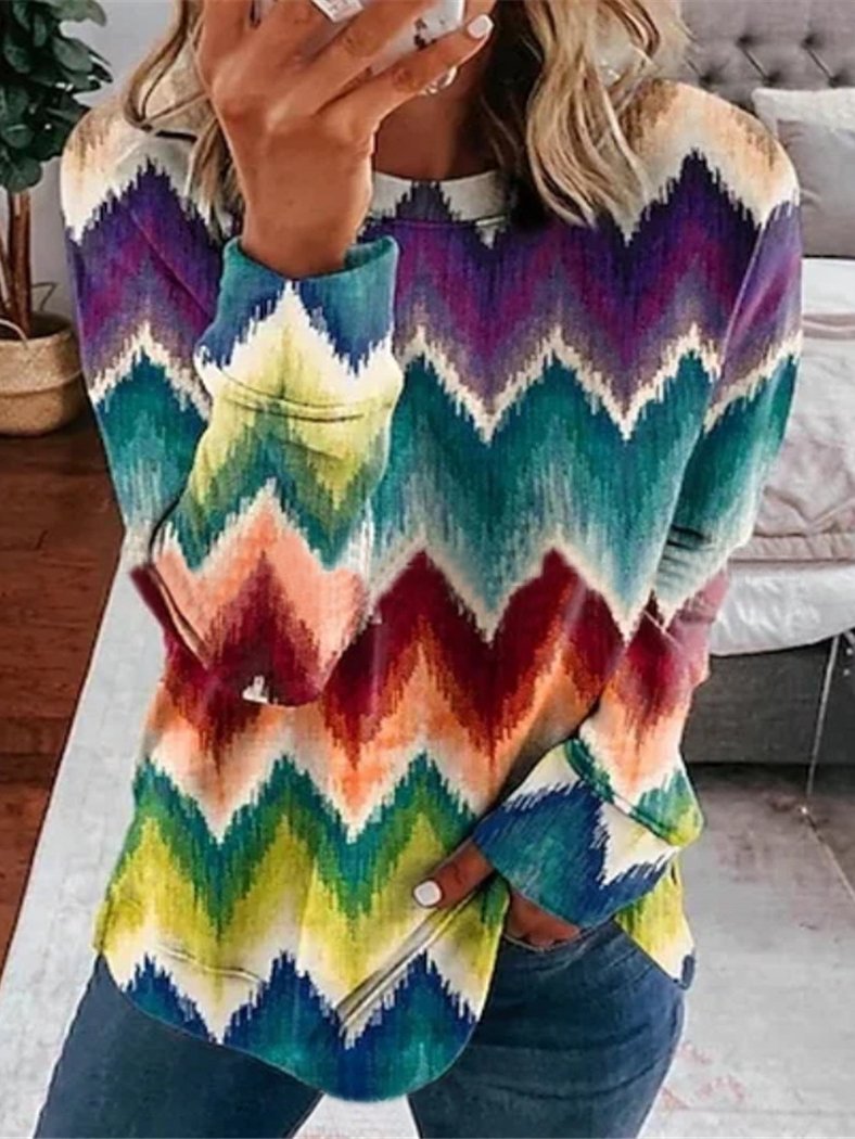 Women's T-Shirts Multicolor Printed Round Neck Long Sleeve T-Shirt - T-Shirts - INS | Online Fashion Free Shipping Clothing, Dresses, Tops, Shoes - 17/11/2021 - 20-30 - color-multi