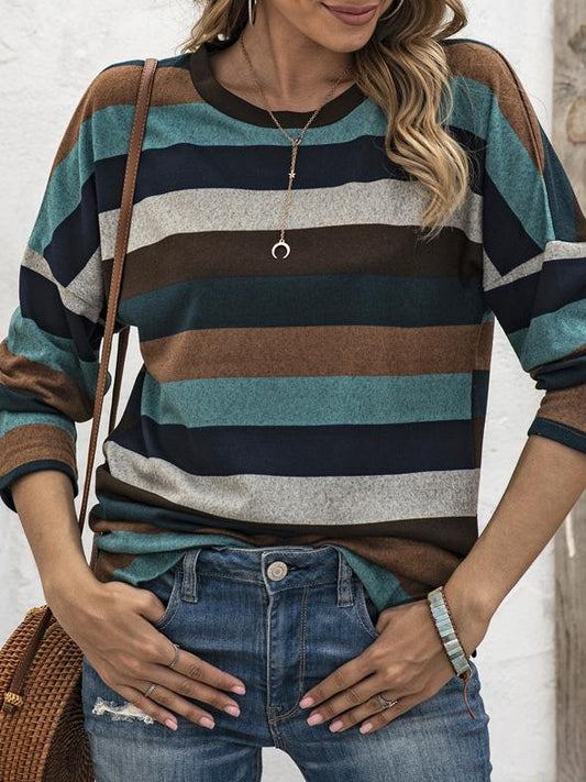 Women's T-Shirts Multicolor Striped Round Neck Long Sleeve T-Shirt - T-Shirts - Instastyled | Online Fashion Free Shipping Clothing, Dresses, Tops, Shoes - 03/12/2021 - 20-30 - color-brown