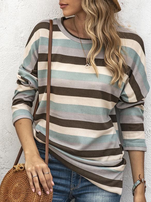 Women's T-Shirts Multicolor Striped Round Neck Long Sleeve T-Shirt - T-Shirts - Instastyled | Online Fashion Free Shipping Clothing, Dresses, Tops, Shoes - 03/12/2021 - 20-30 - color-brown