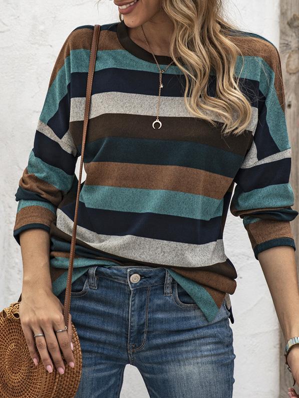 Women's T-Shirts Multicolor Striped Round Neck Long Sleeve T-Shirt - T-Shirts - Instastyled | Online Fashion Free Shipping Clothing, Dresses, Tops, Shoes - 03/12/2021 - 20-30 - color-brown