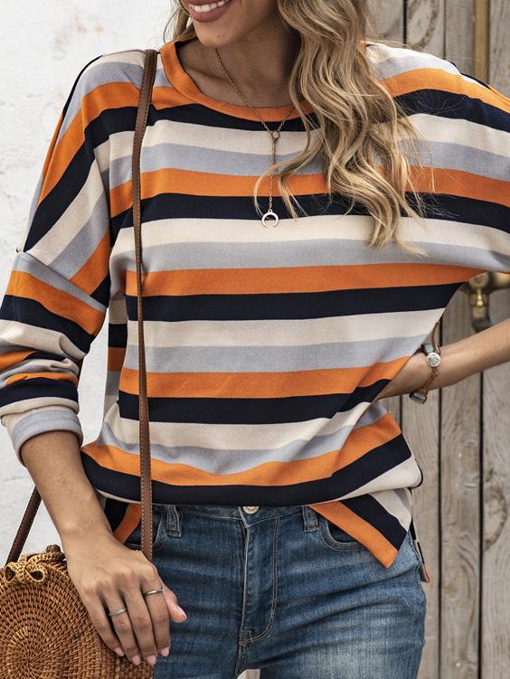Women's T-Shirts Multicolor Striped Round Neck Long Sleeve T-Shirt - T-Shirts - Instastyled | Online Fashion Free Shipping Clothing, Dresses, Tops, Shoes - 03/12/2021 - 20-30 - color-brown
