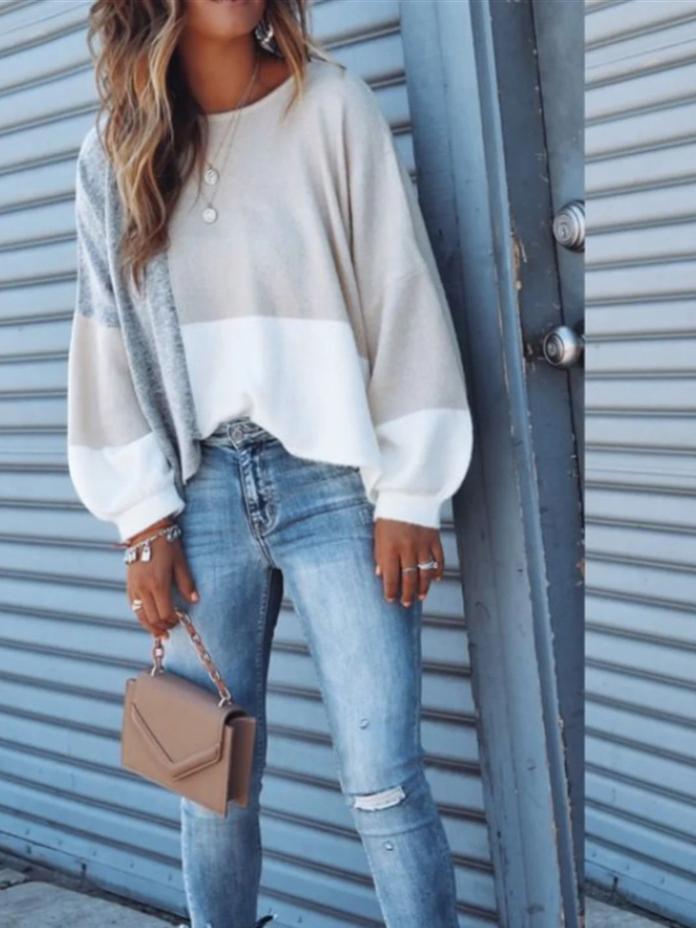 Women's T-Shirts Round Neck Color Block Long Sleeve Casual T-Shirt - T-Shirts - INS | Online Fashion Free Shipping Clothing, Dresses, Tops, Shoes - 19/10/2021 - 20-30 - color-blue