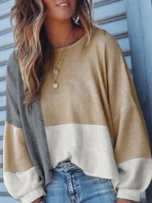 Women's T-Shirts Round Neck Color Block Long Sleeve Casual T-Shirt - T-Shirts - INS | Online Fashion Free Shipping Clothing, Dresses, Tops, Shoes - 19/10/2021 - 20-30 - color-blue