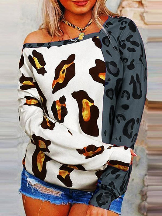Women's T-Shirts Sloping Shoulder Print Color Block Long Sleeve T-Shirts - T-Shirts - INS | Online Fashion Free Shipping Clothing, Dresses, Tops, Shoes - 10-20 - 21/08/2021 - Category_T-Shirts