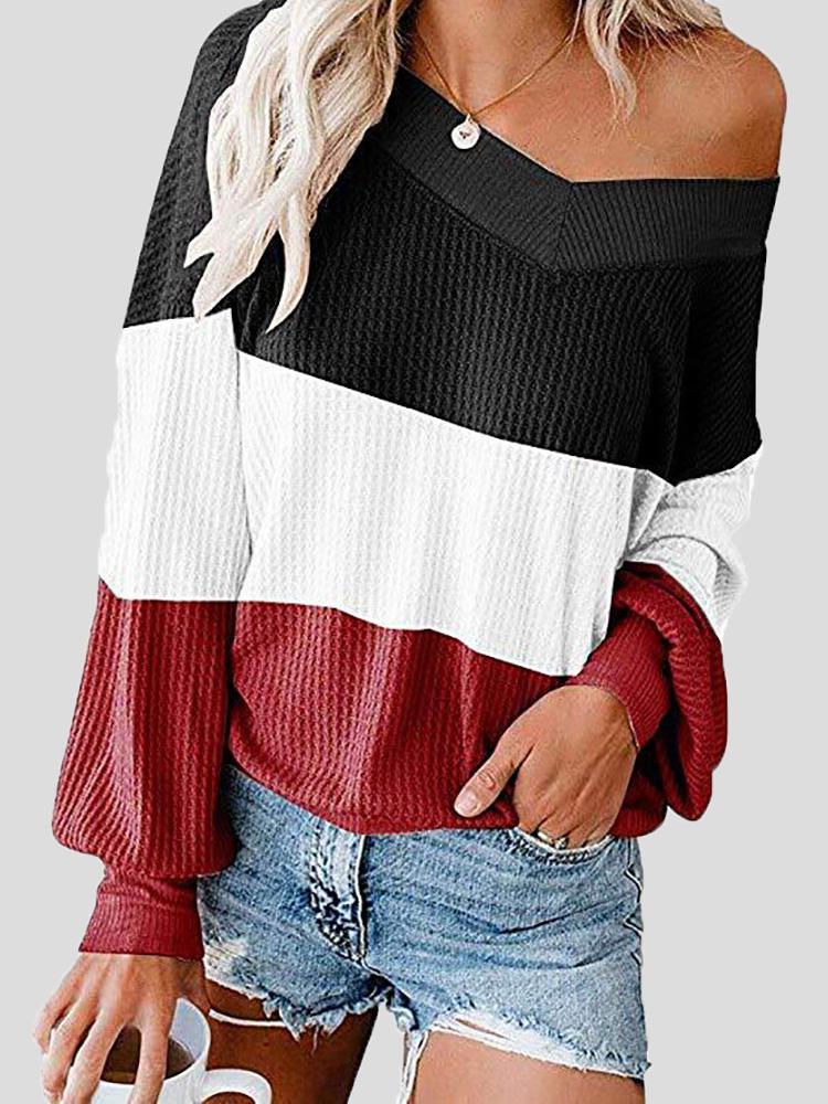 Women's T-Shirts Three-Color Stitching V-Neck Bat Sleeve Loose T-Shirt - T-Shirts - INS | Online Fashion Free Shipping Clothing, Dresses, Tops, Shoes - 19/08/2021 - 20-30 - Category_T-Shirts