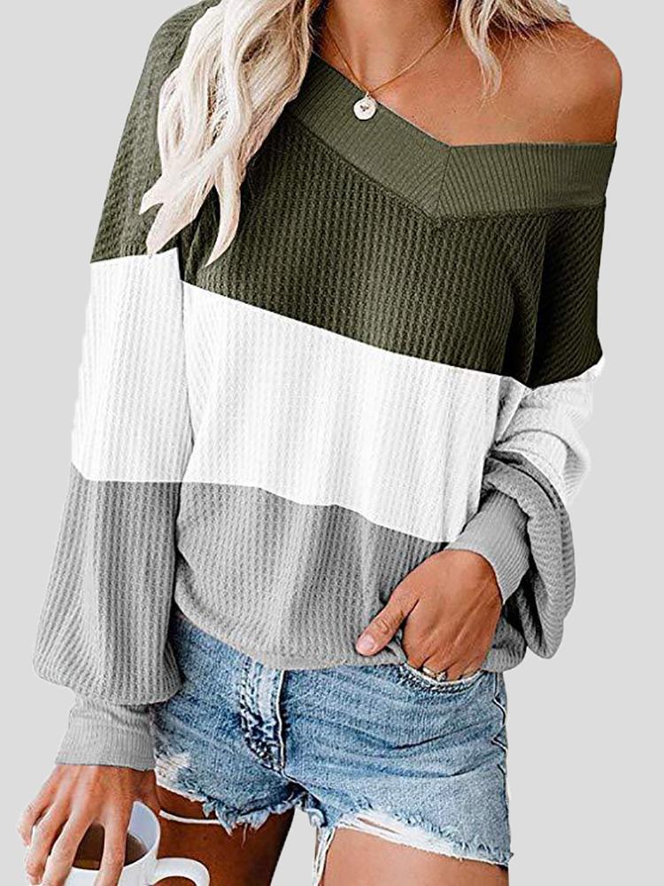 Women's T-Shirts Three-Color Stitching V-Neck Bat Sleeve Loose T-Shirt - T-Shirts - INS | Online Fashion Free Shipping Clothing, Dresses, Tops, Shoes - 19/08/2021 - 20-30 - Category_T-Shirts