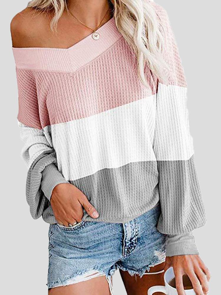 Women's T-Shirts Three-Color Stitching V-Neck Bat Sleeve Loose T-Shirt - T-Shirts - INS | Online Fashion Free Shipping Clothing, Dresses, Tops, Shoes - 19/08/2021 - 20-30 - Category_T-Shirts