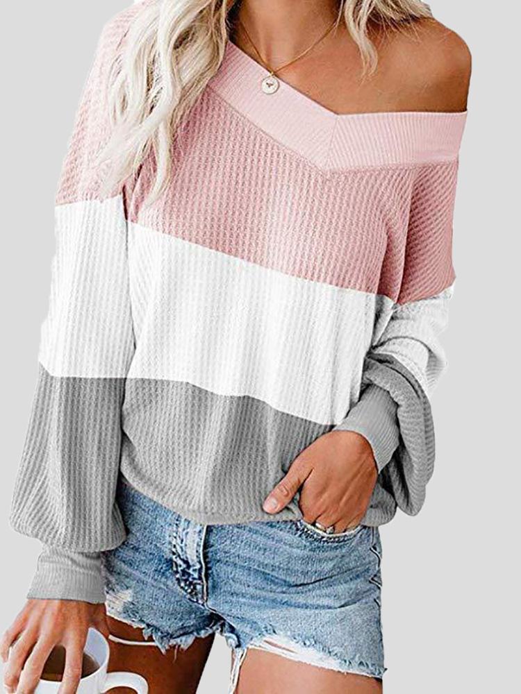 Women's T-Shirts Three-Color Stitching V-Neck Bat Sleeve Loose T-Shirt - T-Shirts - INS | Online Fashion Free Shipping Clothing, Dresses, Tops, Shoes - 19/08/2021 - 20-30 - Category_T-Shirts