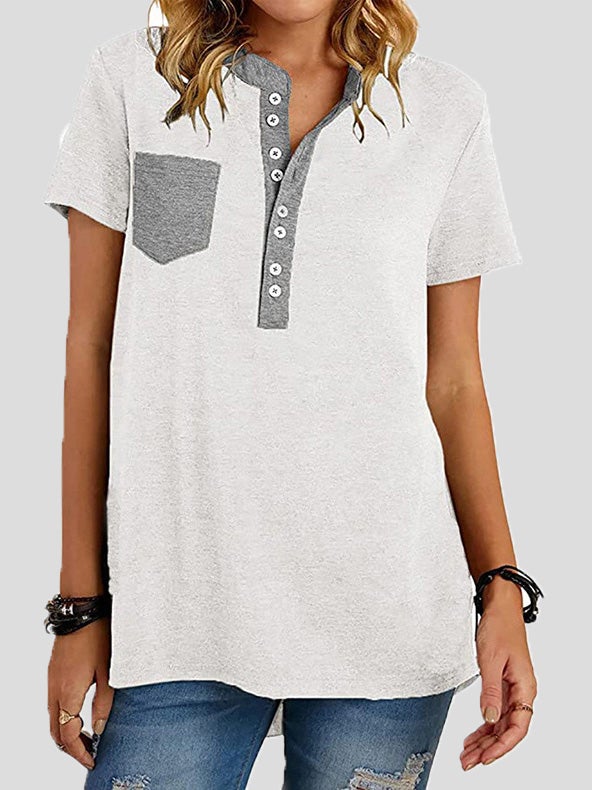 Women's T-Shirts V-Neck Panel Pocket Button Short Sleeve T-Shirt - T-Shirts - Instastyled | Online Fashion Free Shipping Clothing, Dresses, Tops, Shoes - 13/01/2022 - 20-30 - color-black