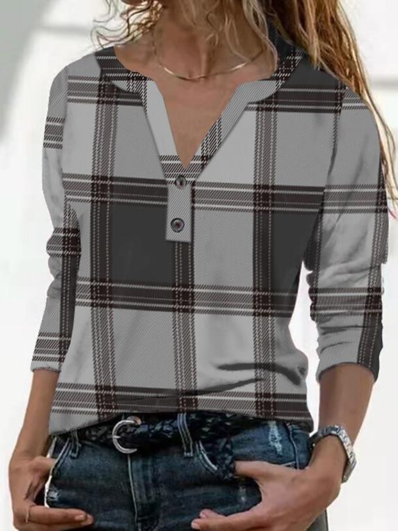 Women's T-Shirts Vintage Check Print V-Neck Button Long Sleeve T-Shirt - T-Shirts - INS | Online Fashion Free Shipping Clothing, Dresses, Tops, Shoes - 20-30 - 22/10/2021 - color-gray