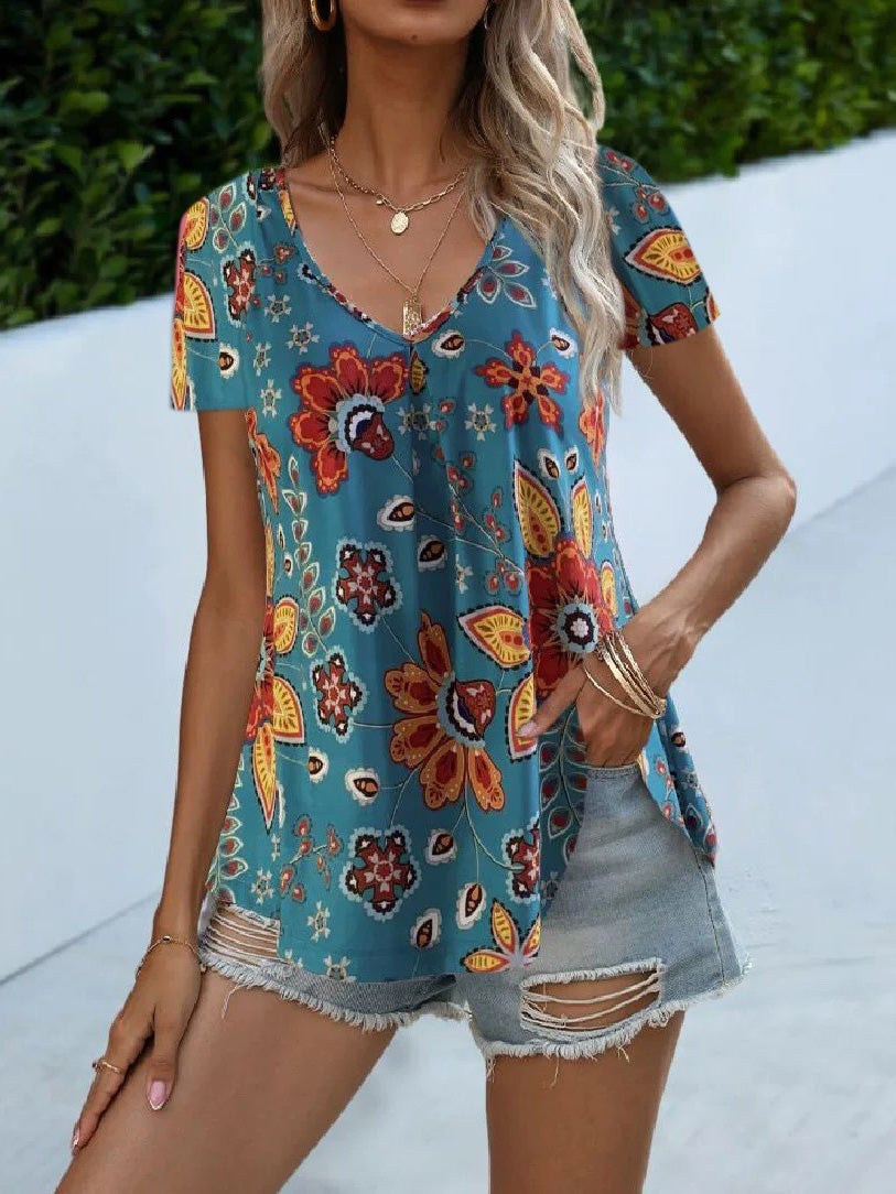 Women's T-Shirts Vintage Print V-Neck Short Sleeve T-Shirt - T-Shirts - Instastyled | Online Fashion Free Shipping Clothing, Dresses, Tops, Shoes - 20-30 - 31/12/2021 - color-black