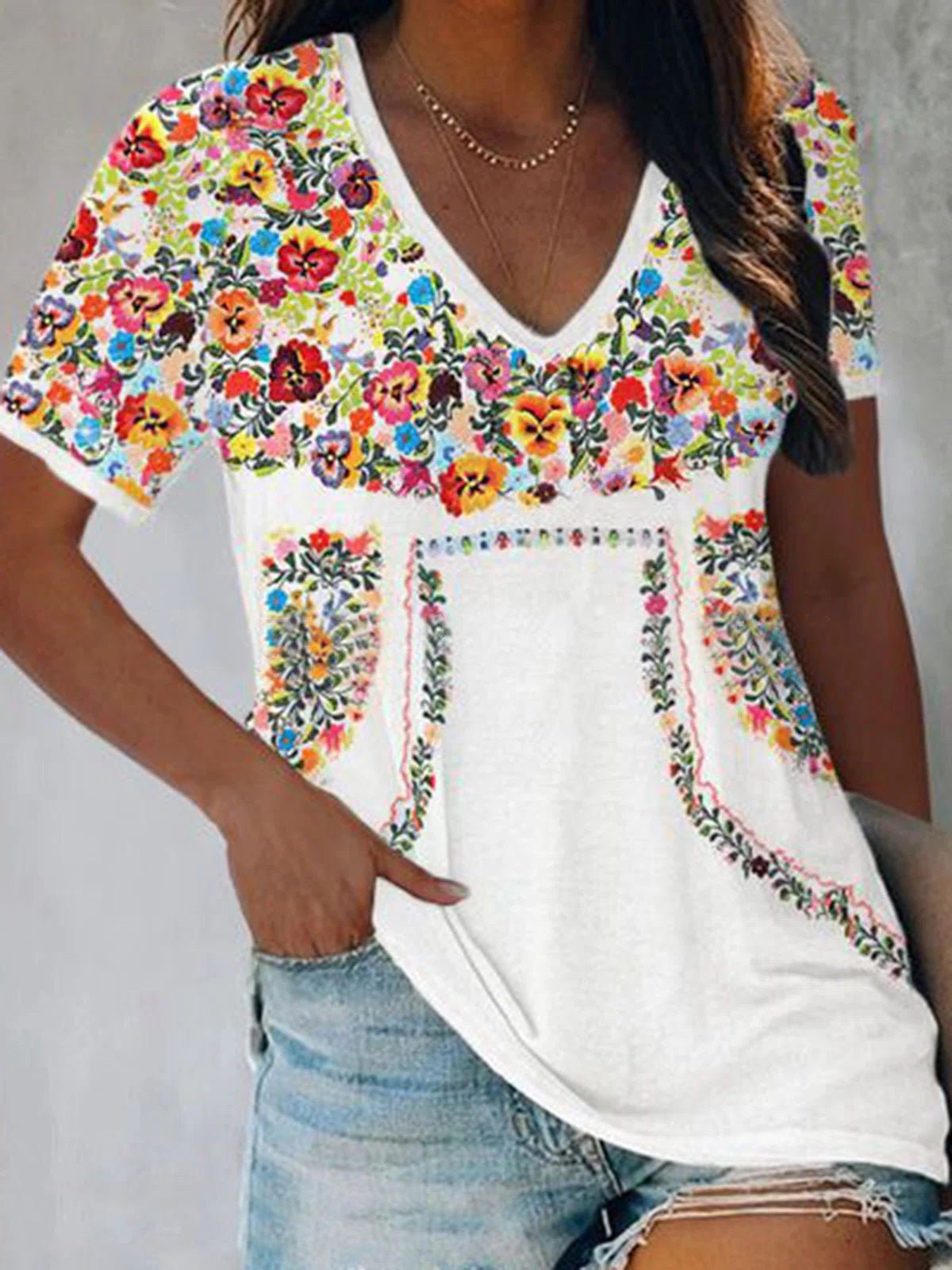 Women's T-Shirts Vintage Print V-Neck Short Sleeve T-Shirt - T-Shirts - Instastyled | Online Fashion Free Shipping Clothing, Dresses, Tops, Shoes - 20-30 - 24/02/2022 - color-white
