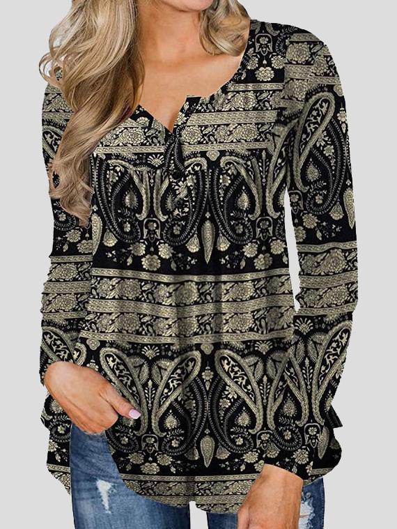 Women's T-Shirts Vintage Printed Button Long Sleeve T-Shirt - T-Shirts - INS | Online Fashion Free Shipping Clothing, Dresses, Tops, Shoes - 19/11/2021 - 20-30 - color-black