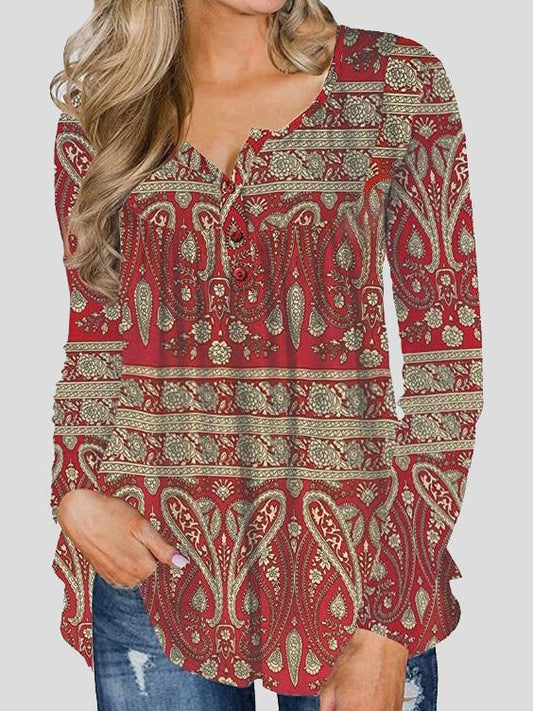 Women's T-Shirts Vintage Printed Button Long Sleeve T-Shirt - T-Shirts - INS | Online Fashion Free Shipping Clothing, Dresses, Tops, Shoes - 19/11/2021 - 20-30 - color-black