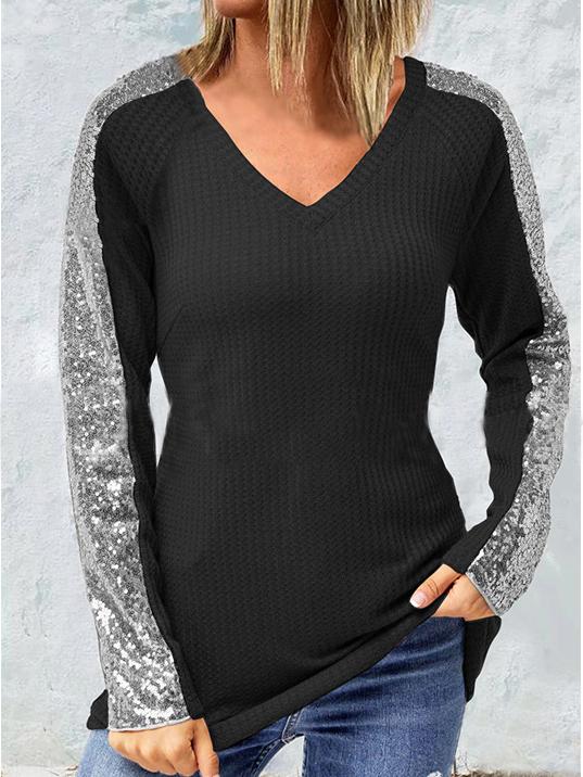 Women's T-Shirts Waffle Stitching V-Neck Sequined Long Sleeves T-Shirts - T-Shirts - INS | Online Fashion Free Shipping Clothing, Dresses, Tops, Shoes - 20-30 - 22/11/2021 - color-black