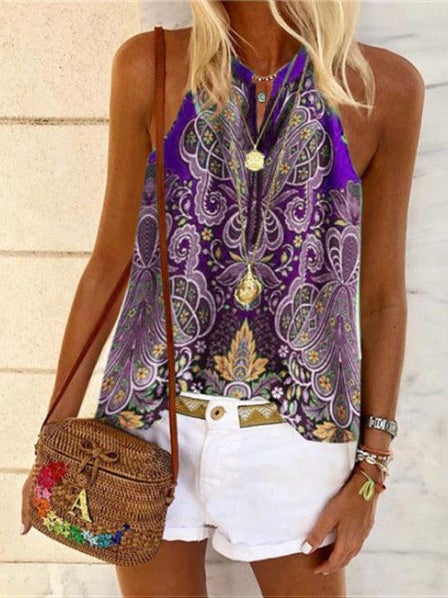 Women's Tank Tops V-Neck Vintage Print Sleeveless Tank Tops - Tank Tops - Instastyled | Online Fashion Free Shipping Clothing, Dresses, Tops, Shoes - 05/01/2022 - 20-30 - color-blue