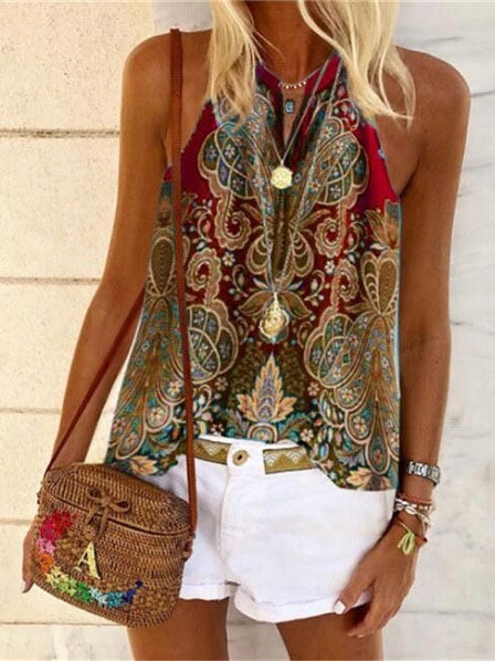 Women's Tank Tops V-Neck Vintage Print Sleeveless Tank Tops - Tank Tops - Instastyled | Online Fashion Free Shipping Clothing, Dresses, Tops, Shoes - 05/01/2022 - 20-30 - color-blue