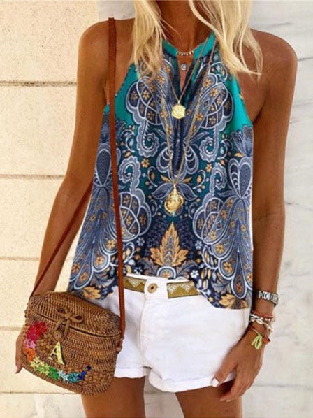 Women's Tank Tops V-Neck Vintage Print Sleeveless Tank Tops - Tank Tops - Instastyled | Online Fashion Free Shipping Clothing, Dresses, Tops, Shoes - 05/01/2022 - 20-30 - color-blue