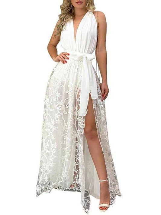 Women's V-neck Solid Color Split Lace Dress - Dresses - INS | Online Fashion Free Shipping Clothing, Dresses, Tops, Shoes - 18/03/2021 - Color_White - Dress