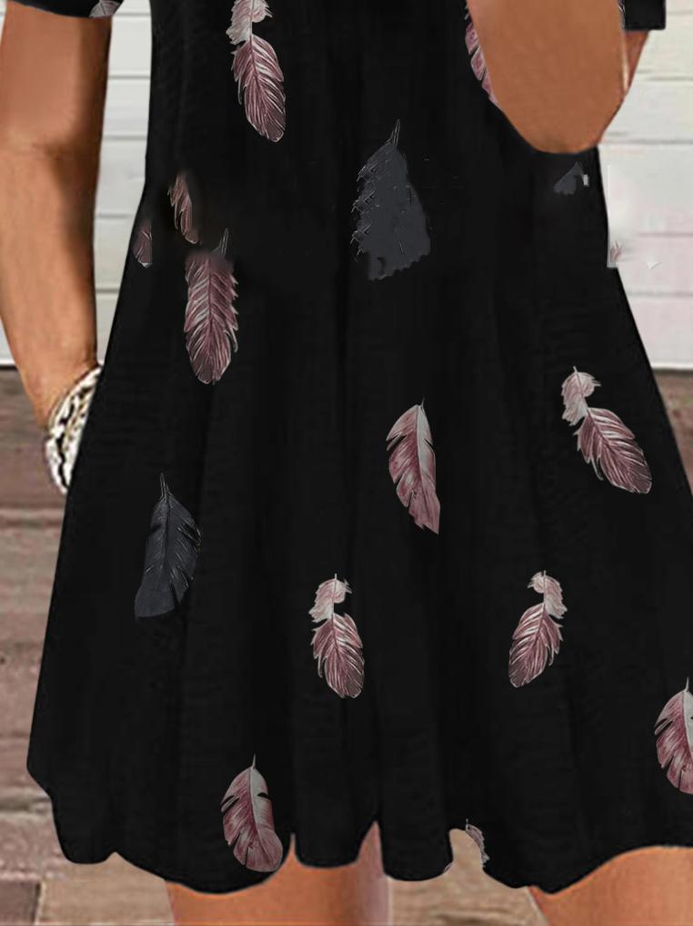 Zip V-Neck Feather Print Off-Shoulder Casual Dress - Mini Dresses - INS | Online Fashion Free Shipping Clothing, Dresses, Tops, Shoes - 03/07/2021 - 20-30 - Category_Mini Dresses