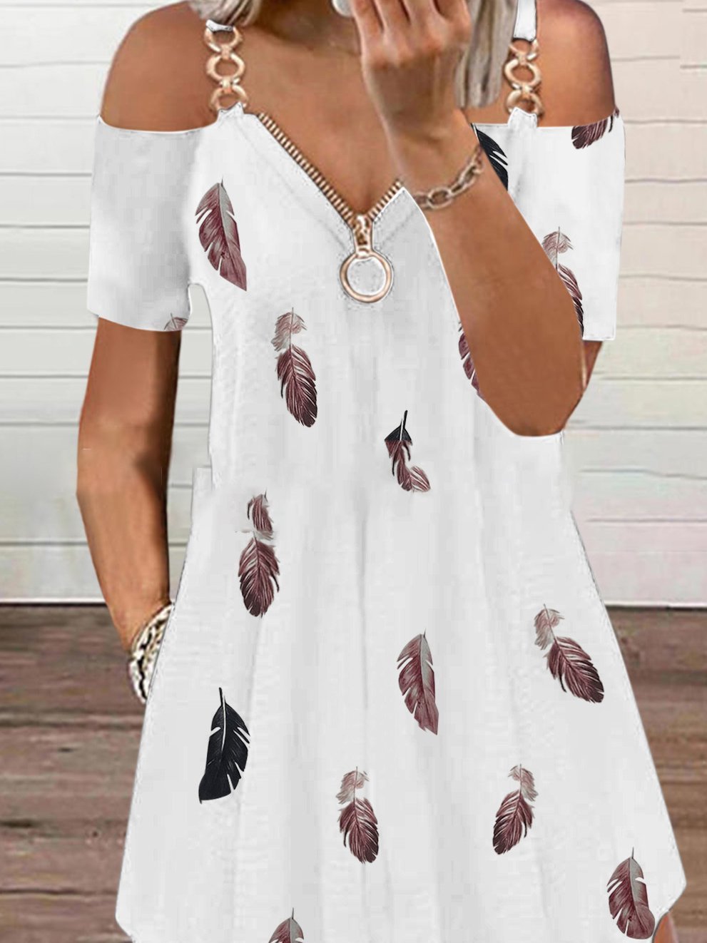 Zip V-Neck Feather Print Off-Shoulder Casual Dress - Mini Dresses - INS | Online Fashion Free Shipping Clothing, Dresses, Tops, Shoes - 03/07/2021 - 20-30 - Category_Mini Dresses