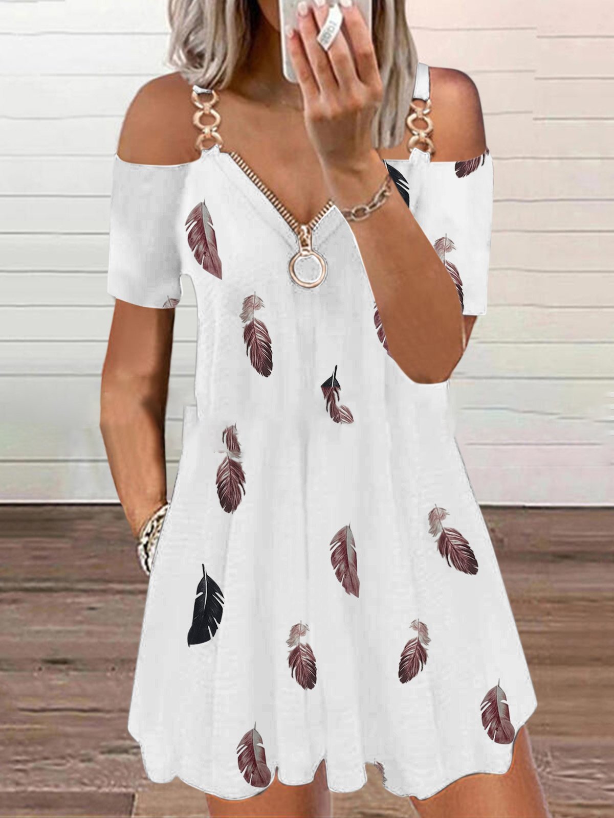 Zip V-Neck Feather Print Off-Shoulder Casual Dress - Mini Dresses - INS | Online Fashion Free Shipping Clothing, Dresses, Tops, Shoes - 03/07/2021 - 20-30 - Category_Mini Dresses