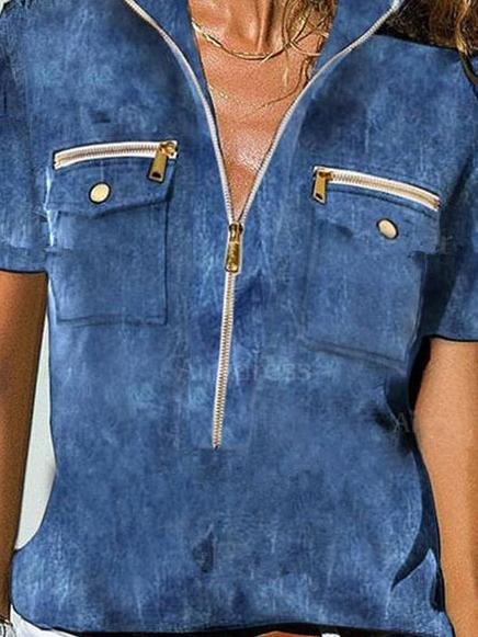 Zipper Lapel Short-sleeve T-shirt - T-shirts - INS | Online Fashion Free Shipping Clothing, Dresses, Tops, Shoes - 15/06/2021 - Color_Blue - LXQ