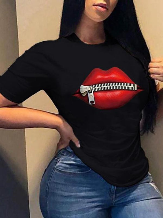 Zipper Lip Print Round Neck Black T-shirts - T-Shirts - INS | Online Fashion Free Shipping Clothing, Dresses, Tops, Shoes - 26/04/2021 - Color_Black - Season_Summer
