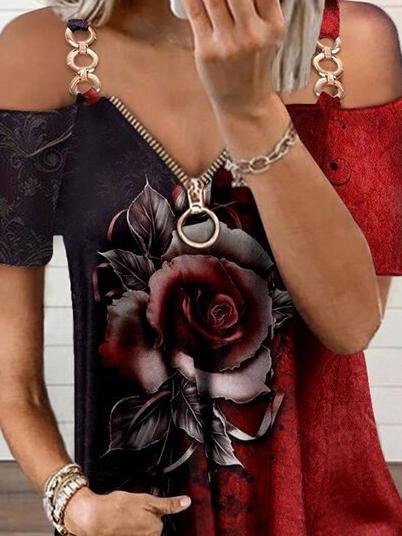 Zipper Off-shoulder Short-sleeved T-shirt - T-shirts - INS | Online Fashion Free Shipping Clothing, Dresses, Tops, Shoes - 07/06/2021 - Color_Black - LXQ