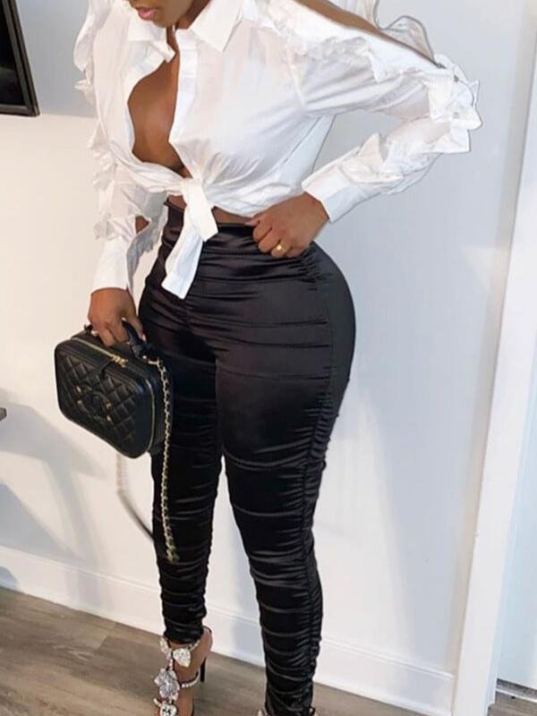 Zipper Sleeve Turndown Collar Flounce Design Belly Tie Blouse - Blouses - INS | Online Fashion Free Shipping Clothing, Dresses, Tops, Shoes - 23/04/2021 - BLO210423237 - Blouses