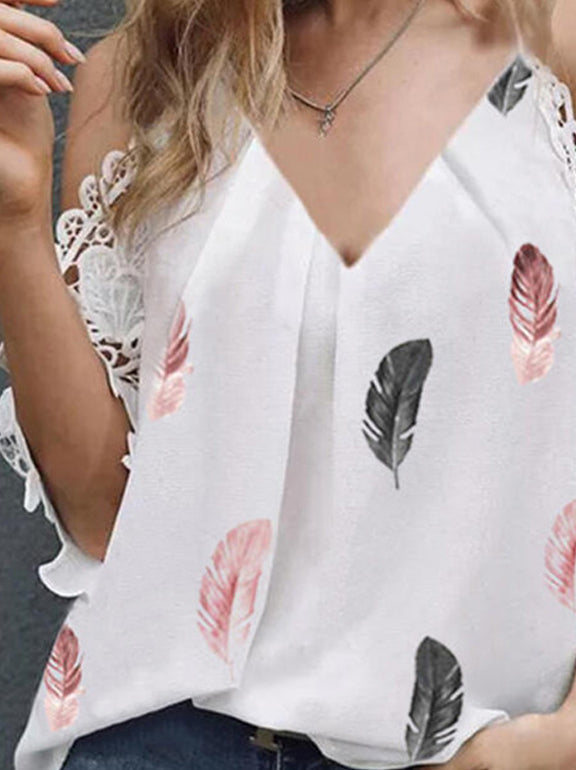 Casual Feather Print V-neck Lace Off-the-shoulder Top