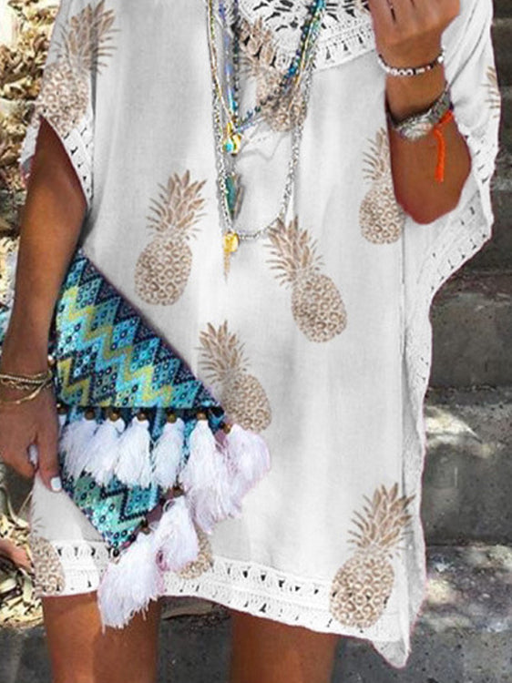 Casual Loose Lace V Neck Pineapple Print Mini Dress