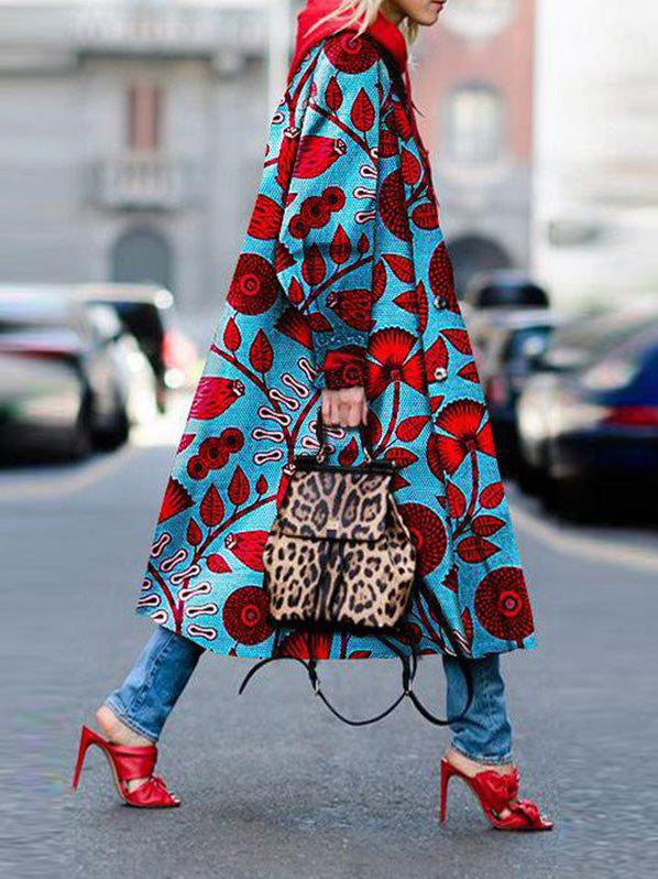 Women's Coats Fashion Print Lapel Long Sleeve Long Coats