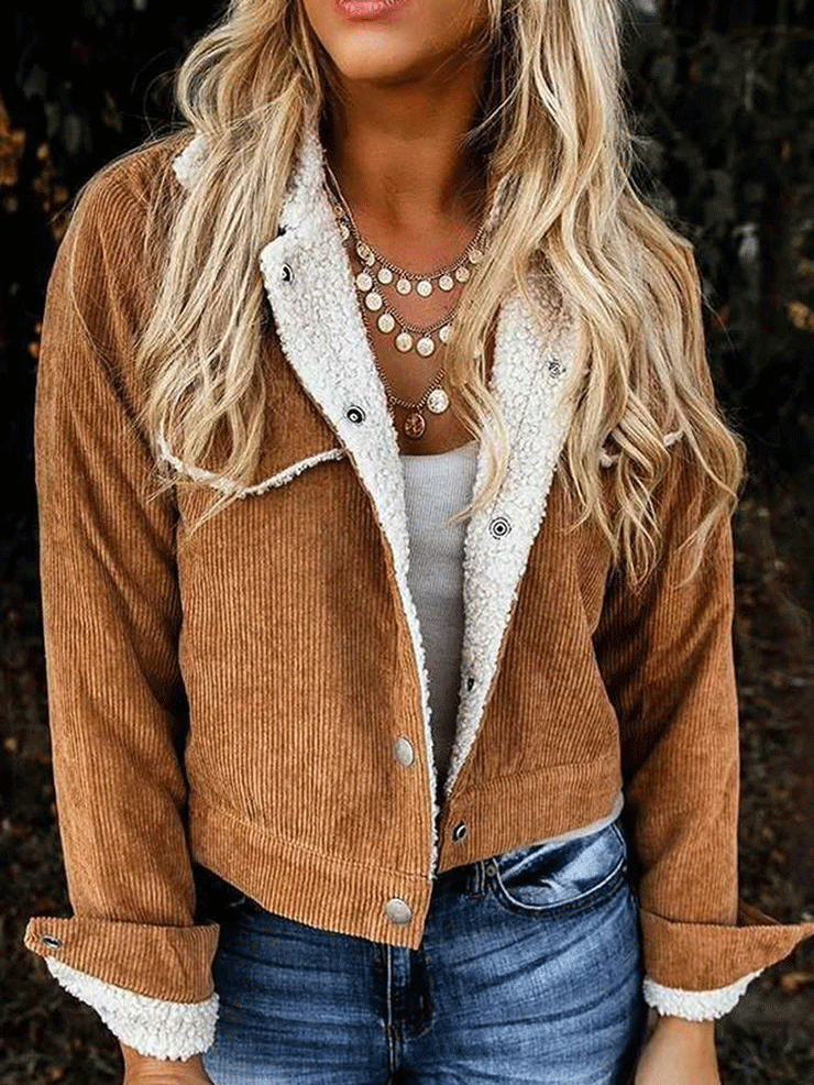 Women's Jackets Lamb Wool Panelled Corduroy Fur Collar Jacket