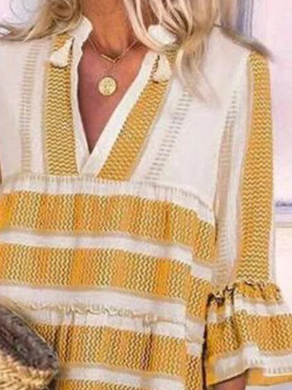 Casual Stripes V Neck 3/4 Sleeve Mini Dress