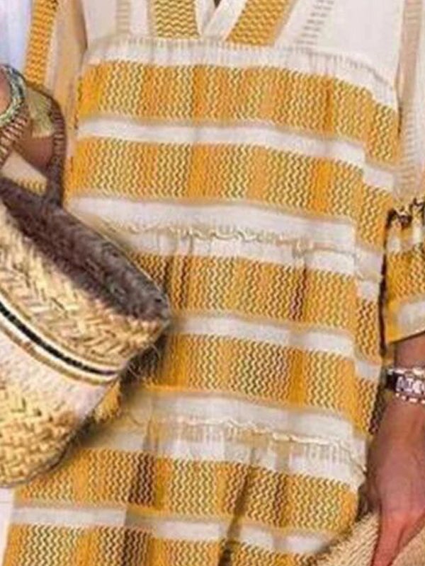 Casual Stripes V Neck 3/4 Sleeve Mini Dress