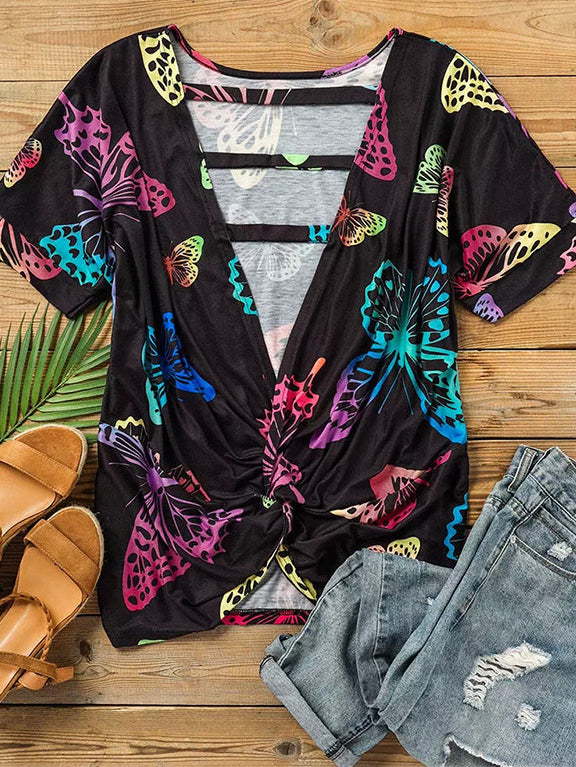 Chic Butterfly Print Halter Bat Sleeve Short Sleeve Top