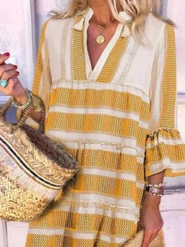 Casual Stripes V Neck 3/4 Sleeve Mini Dress